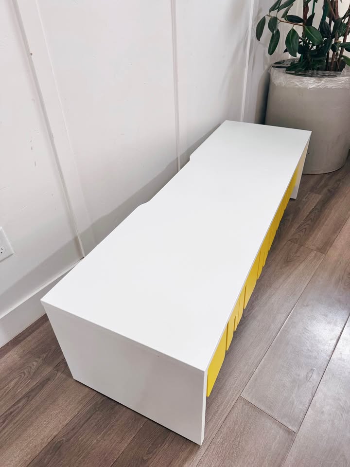 Modern PS 2012 White & Yellow Drip Accordion Door Media Bench from IKEA — FloralHaus Vintage Utah
