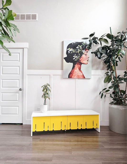 Modern PS 2012 White & Yellow Drip Accordion Door Media Bench from IKEA — FloralHaus Vintage Utah