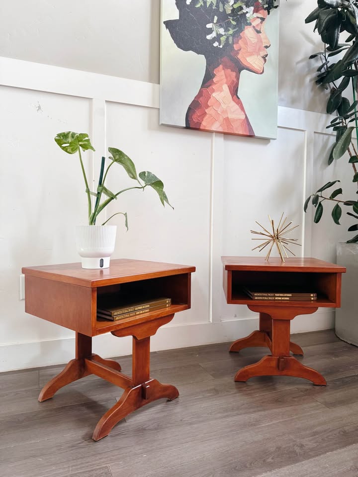 Pair of Vintage 1960’s Mid Century/Early American Open Gallery Nightstands or Side Tables w/Sculptur — FloralHaus Vintage Utah