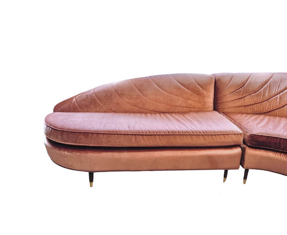 Custom Reupholstered Vintage Curved Sectional Couch Sofa Blush Velvet Sculptural Statement Piece — FloralHaus Vintage Utah