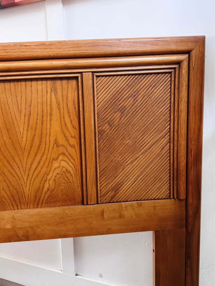 Vintage Mid Century Queen Oak Wood Headboard w/Pencil Reed Accents • Made in Canada — FloralHaus Vintage Utah