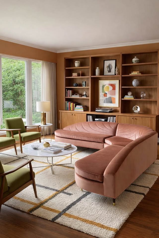 Custom Reupholstered Vintage Curved Sectional Couch Sofa Blush Velvet Sculptural Statement Piece
