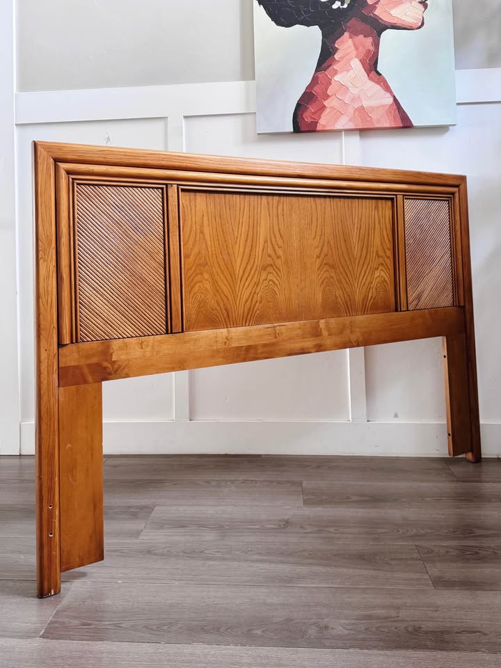 Vintage Mid Century Queen Oak Wood Headboard w/Pencil Reed Accents • Made in Canada — FloralHaus Vintage Utah