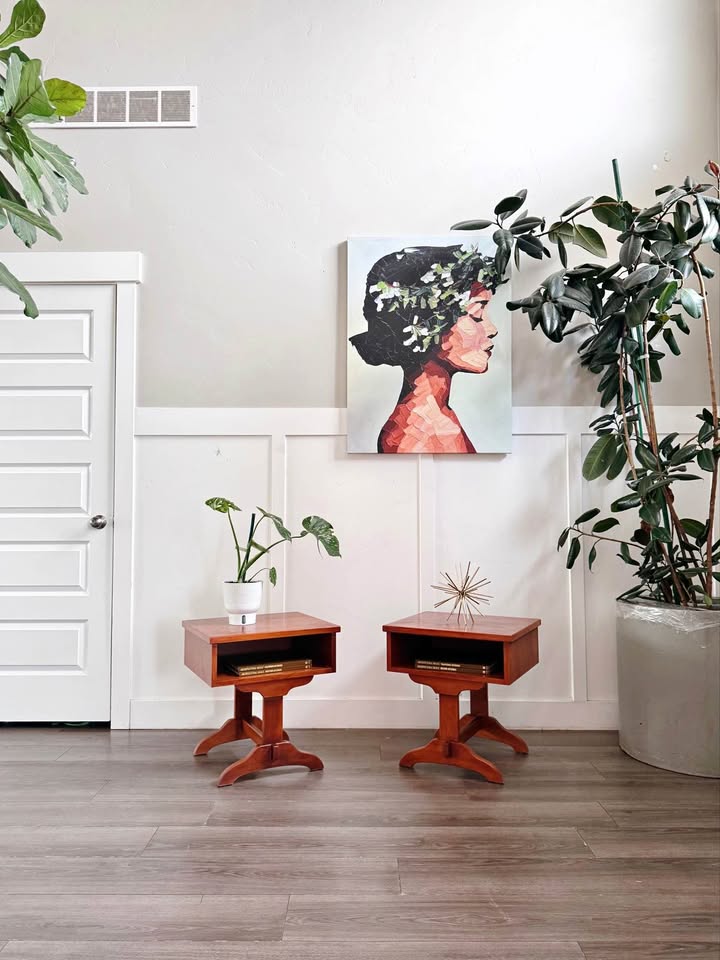Pair of Vintage 1960’s Mid Century/Early American Open Gallery Nightstands or Side Tables w/Sculptur — FloralHaus Vintage Utah