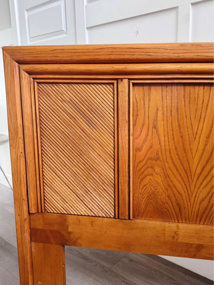 Vintage Mid Century Queen Oak Wood Headboard w/Pencil Reed Accents • Made in Canada — FloralHaus Vintage Utah