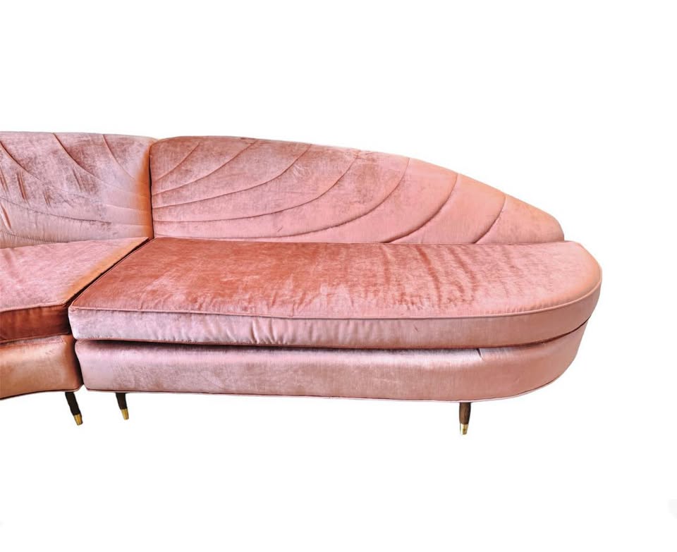 Custom Reupholstered Vintage Curved Sectional Couch Sofa Blush Velvet Sculptural Statement Piece — FloralHaus Vintage Utah