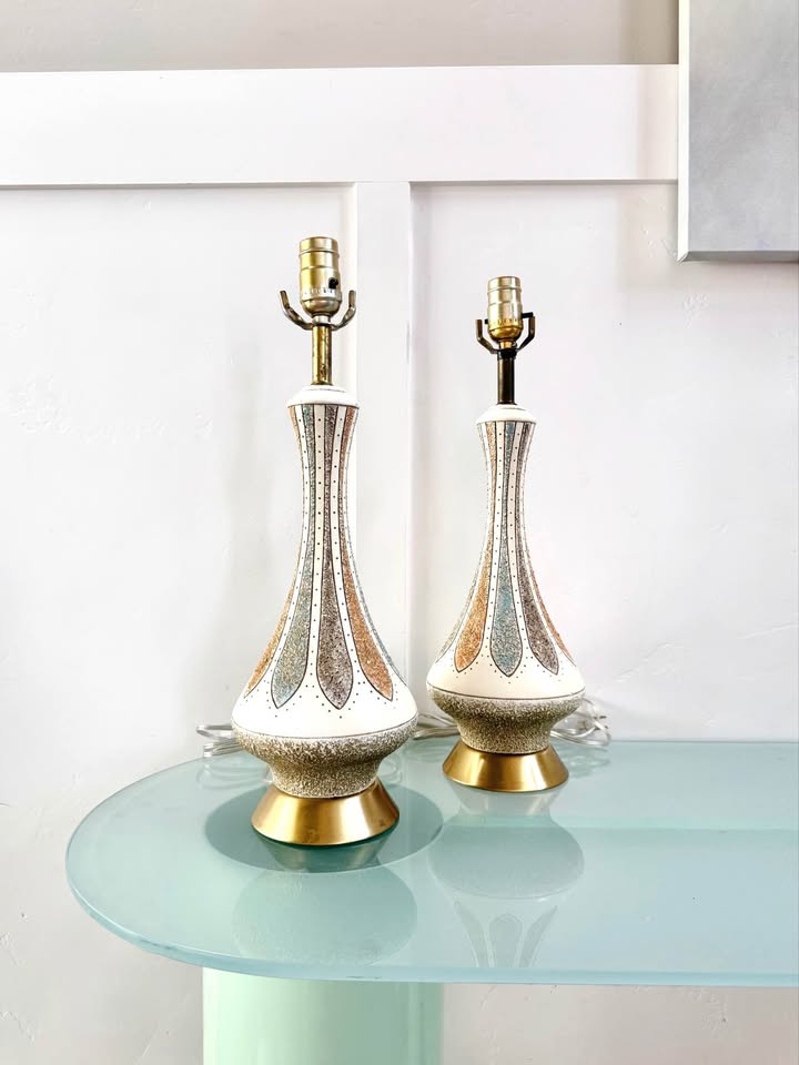Pair of Vintage 1960 Atomic Ceramic Genie Bottle Table Lamps w/Elongated Teal & Mustard Geometric De