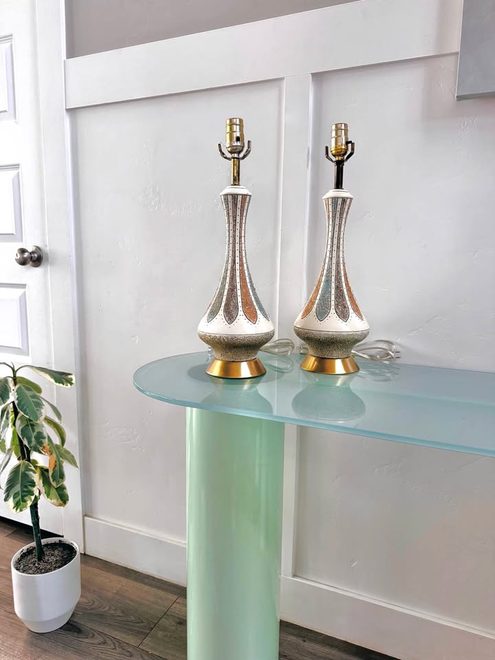 Pair of Vintage 1960 Atomic Ceramic Genie Bottle Table Lamps w/Elongated Teal & Mustard Geometric De