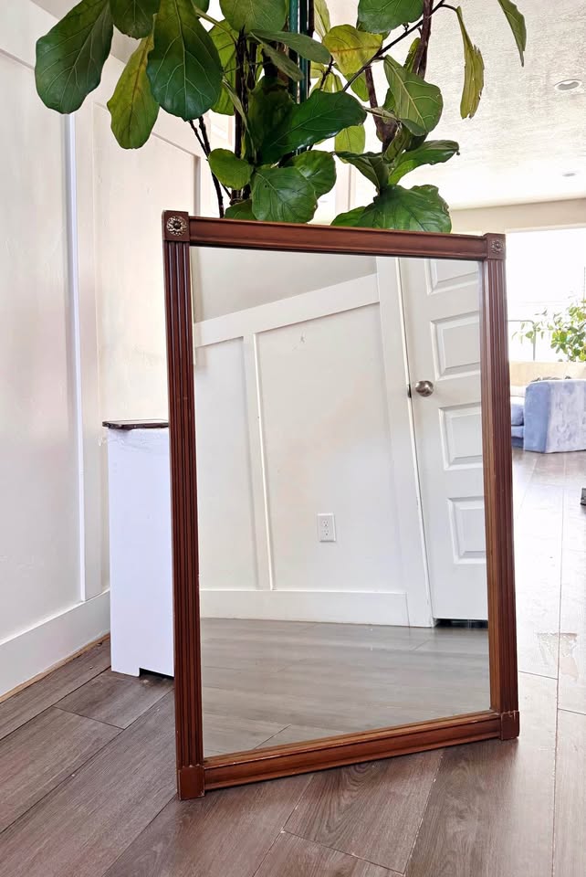 Vintage Mid Century Large Scale Walnut Mirror w/Brass Detail by Bassett