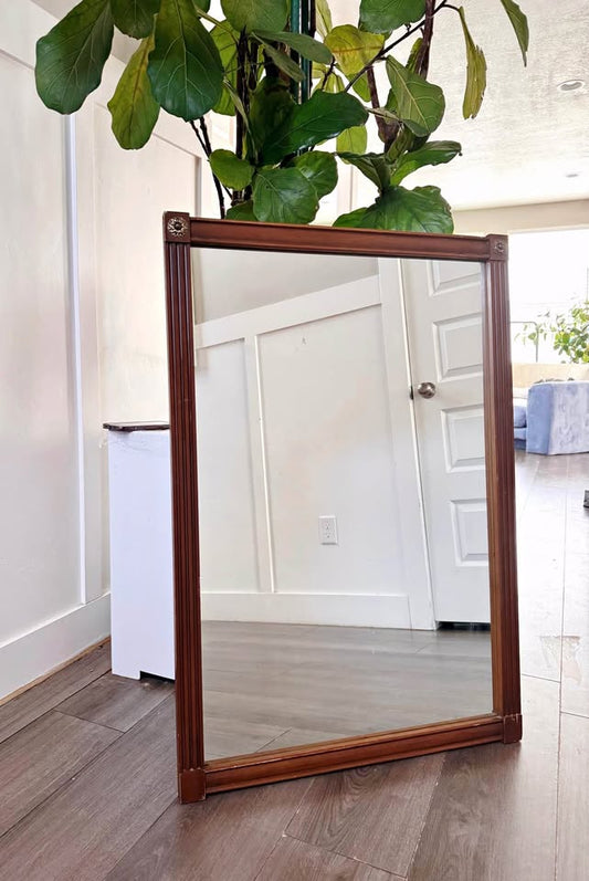Vintage Mid Century Large Scale Walnut Mirror w/Brass Detail by Bassett