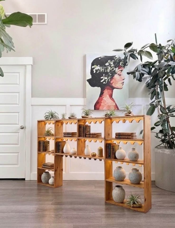 Handmade 4-Tier Large Scale Scalloped Pine Wood Wall Unit Etagere Wavy Curio Display Shelf Apothecar