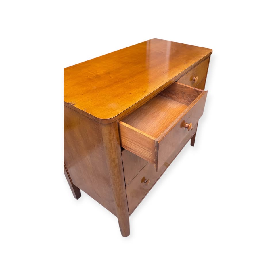 Vintage Art Deco Honey Elm Wood 4-Drawer Dresser Chest of Drawers w/Tapered Legs & Original Wood Kno