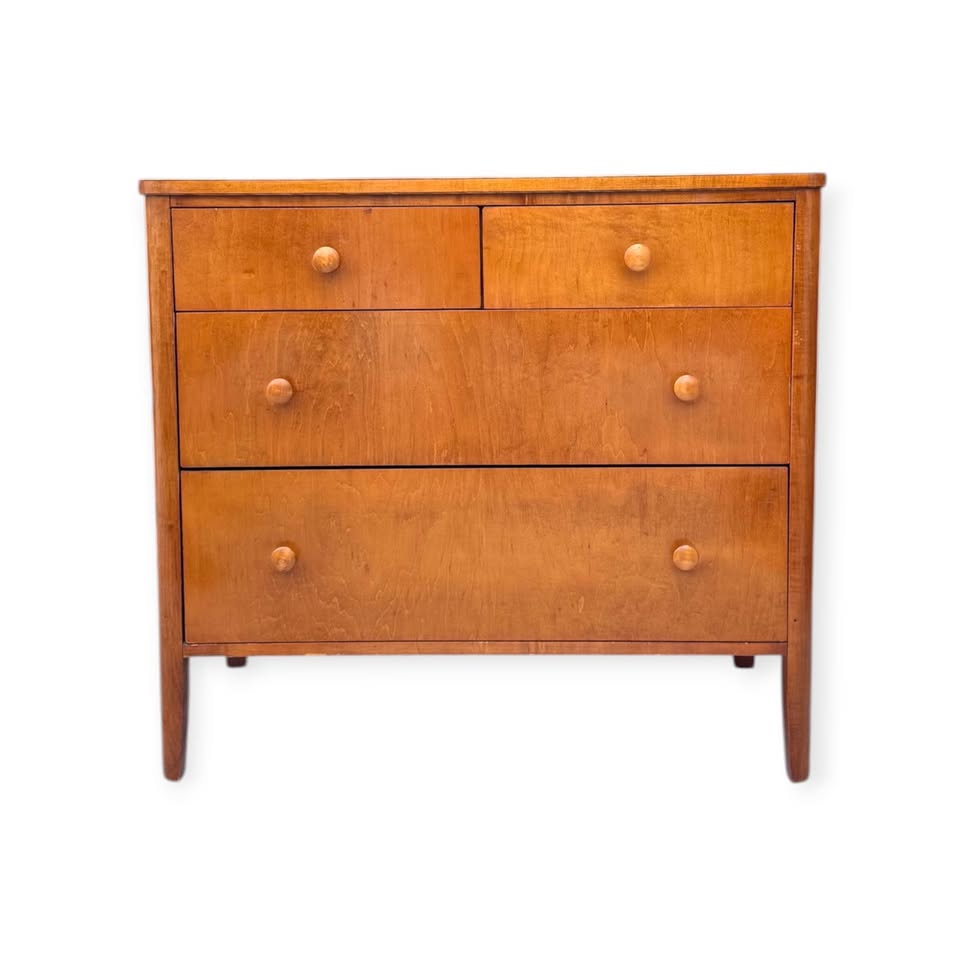 Vintage Art Deco Honey Elm Wood 4-Drawer Dresser Chest of Drawers w/Tapered Legs & Original Wood Kno