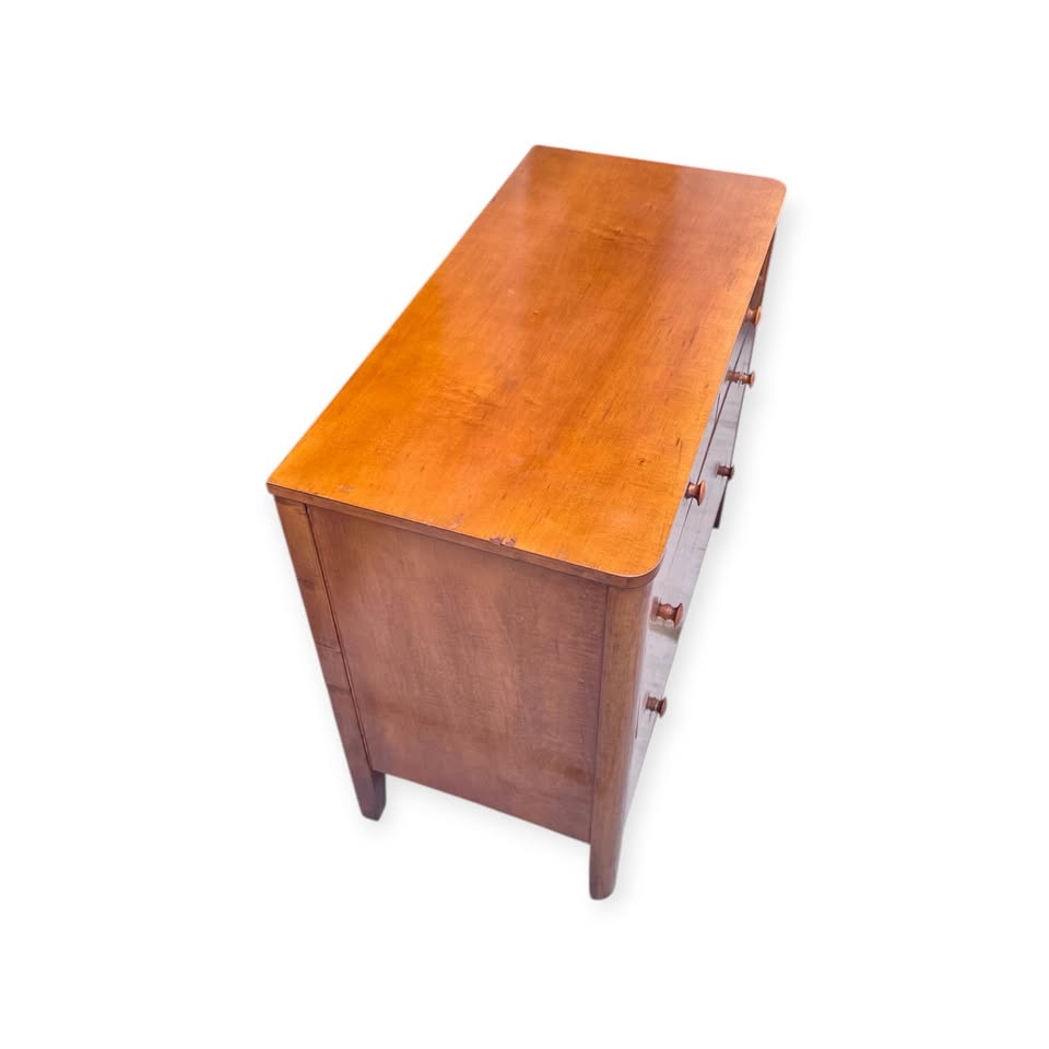 Vintage Art Deco Honey Elm Wood 4-Drawer Dresser Chest of Drawers w/Tapered Legs & Original Wood Kno