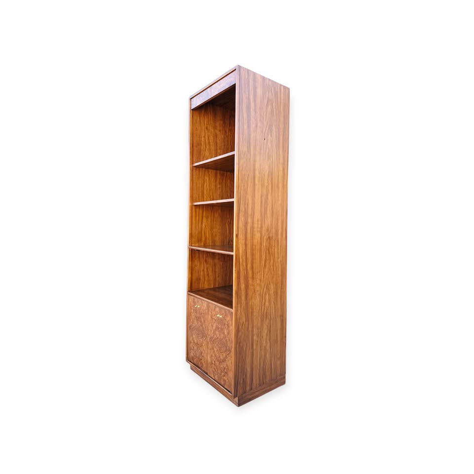 Vintage Mid Century Burl Veneer 4-Tier, 2-Door Bookshelf Cabinet w/Burl Header by Edward Wormley