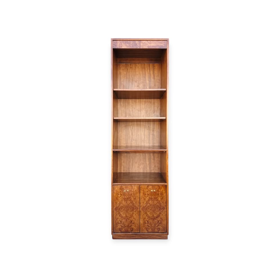 Vintage Mid Century Burl Veneer 4-Tier, 2-Door Bookshelf Cabinet w/Burl Header by Edward Wormley