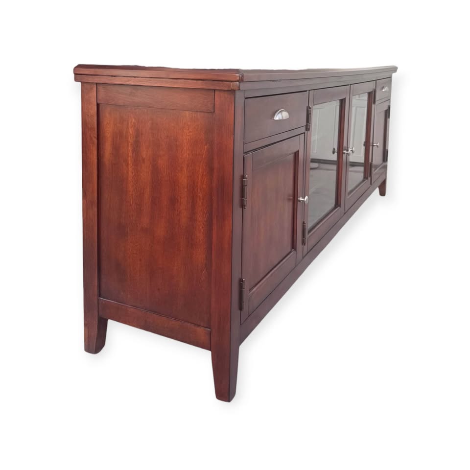 Modern 83" 4-Door Media Console Tv Stand Credenza w/Central Glass Doors & Flanking Side Cabinets w/Silver Hardware