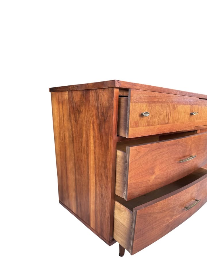 Vintage Mid Century 7-Drawer Walnut Dresser Credenza w/Parquet Drawer Facades, Brass Hardware &amp; Tapered Legs