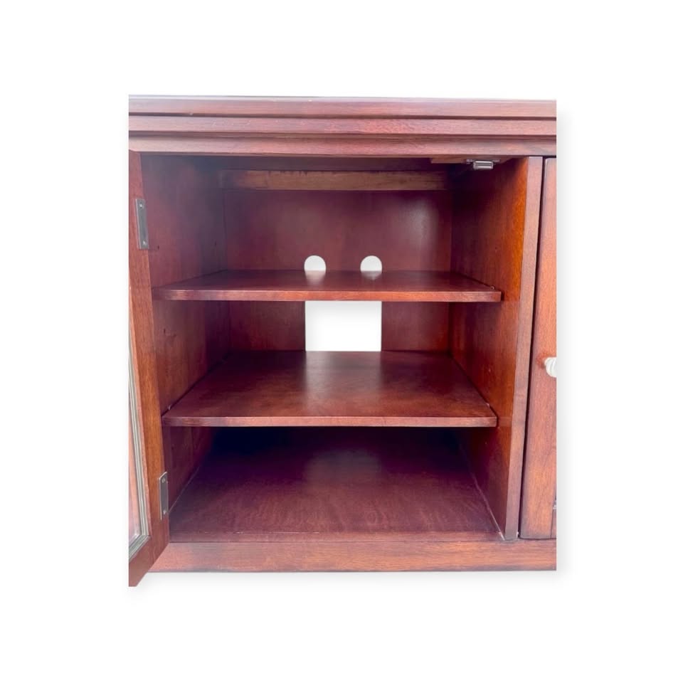 Modern 83" 4-Door Media Console Tv Stand Credenza w/Central Glass Doors & Flanking Side Cabinets w/Silver Hardware