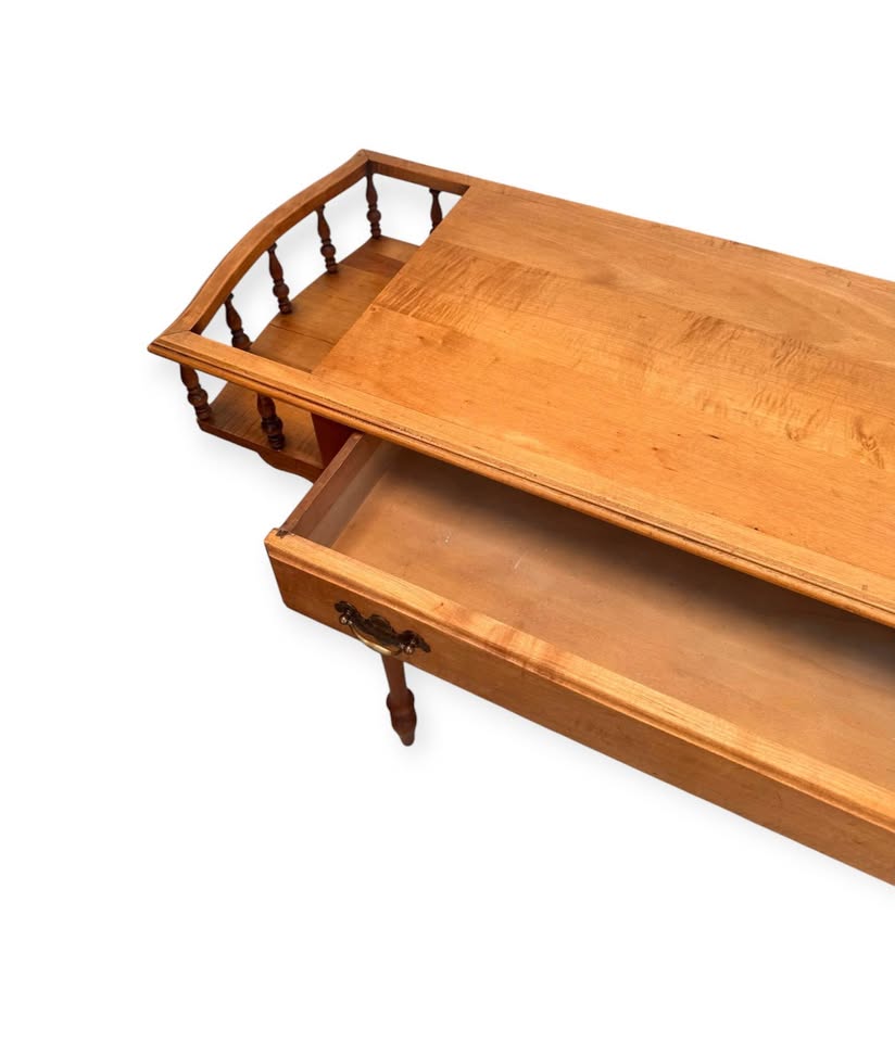 Vintage Single Drawer Spindle Gallery Top Writing Desk Entryway Console w/Tapered Turned Wood Legs &