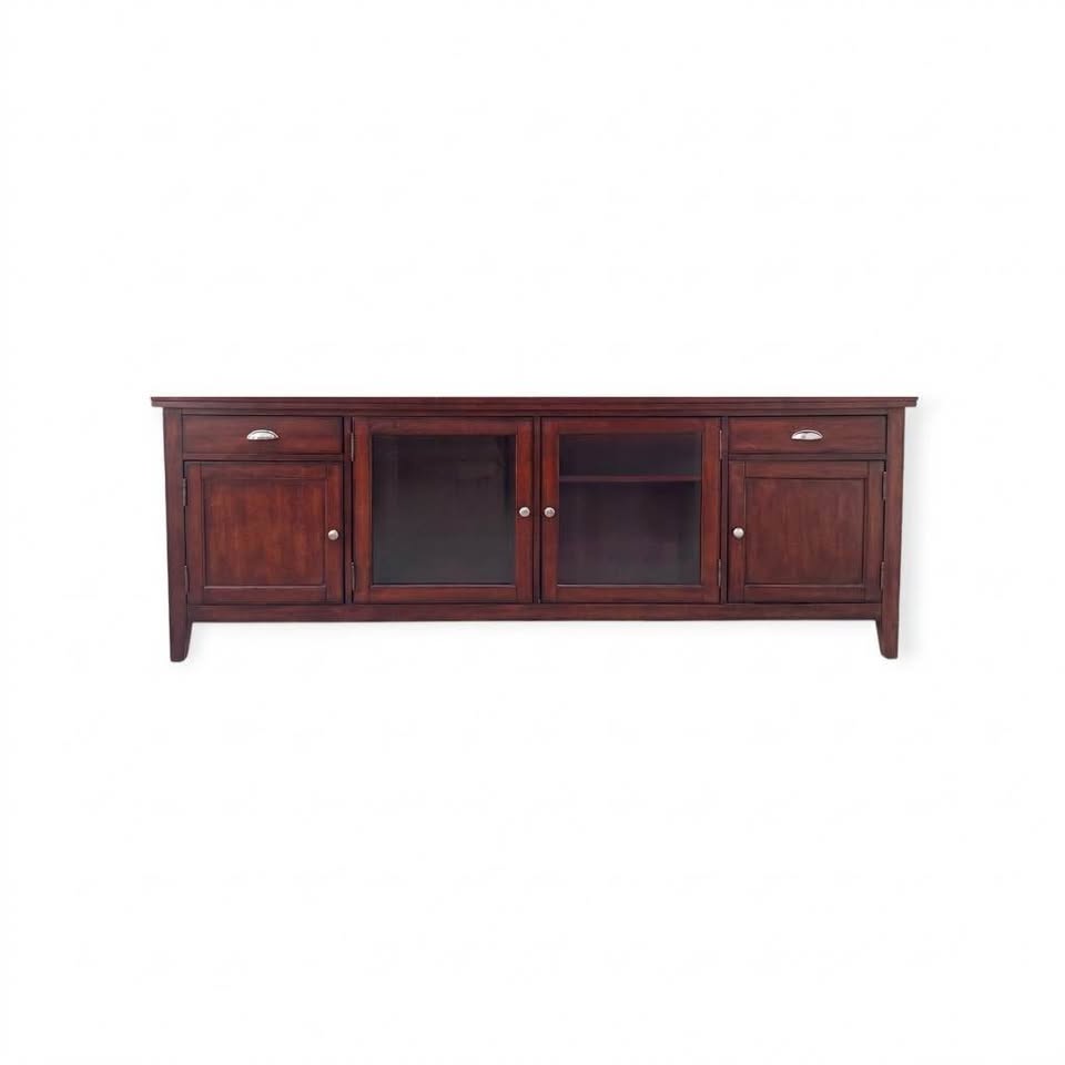 Modern 83" 4-Door Media Console Tv Stand Credenza w/Central Glass Doors & Flanking Side Cabinets w/Silver Hardware