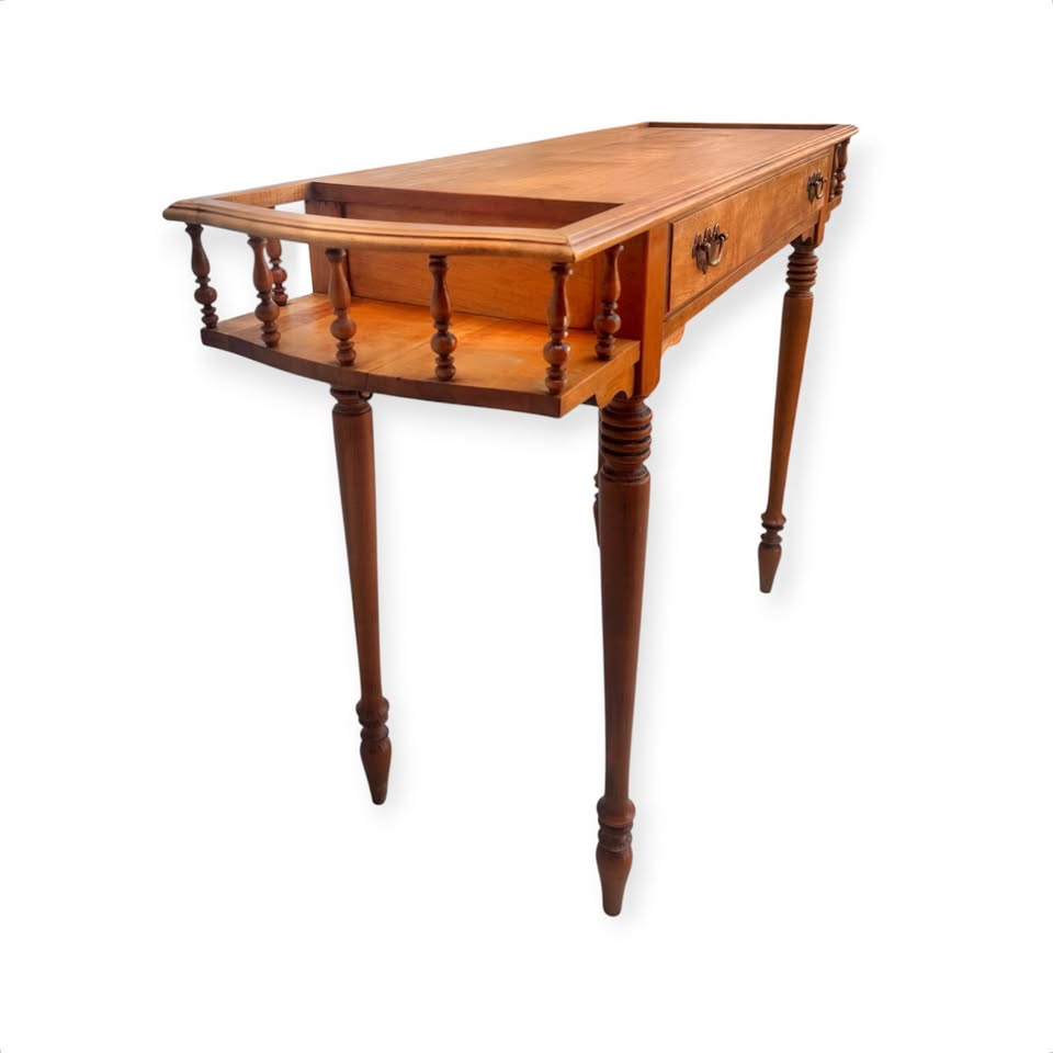 Vintage Single Drawer Spindle Gallery Top Writing Desk Entryway Console w/Tapered Turned Wood Legs &