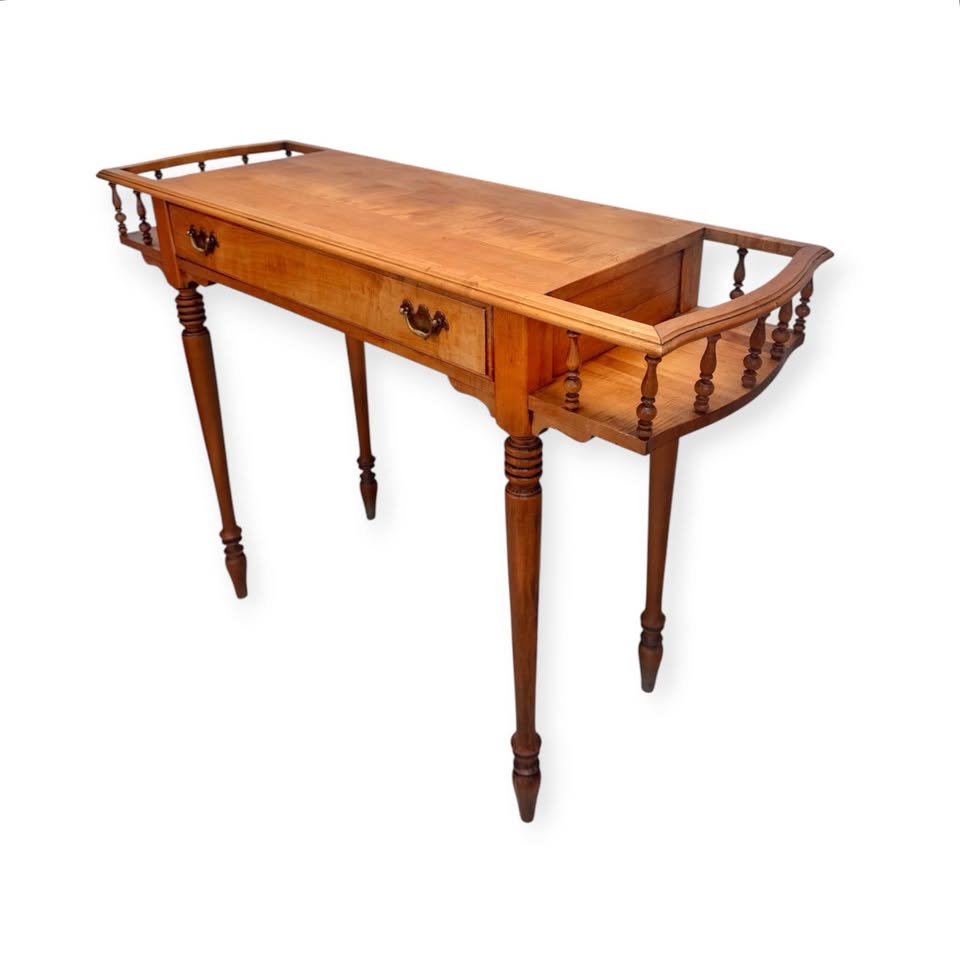 Vintage Single Drawer Spindle Gallery Top Writing Desk Entryway Console w/Tapered Turned Wood Legs &