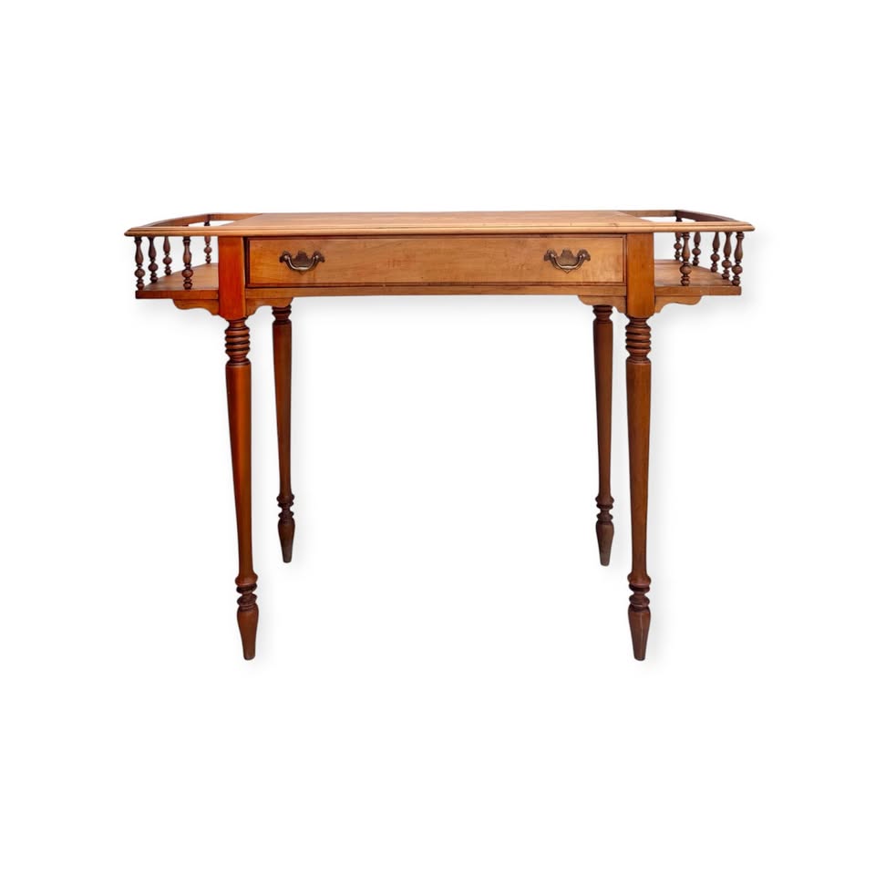 Vintage Single Drawer Spindle Gallery Top Writing Desk Entryway Console w/Tapered Turned Wood Legs &