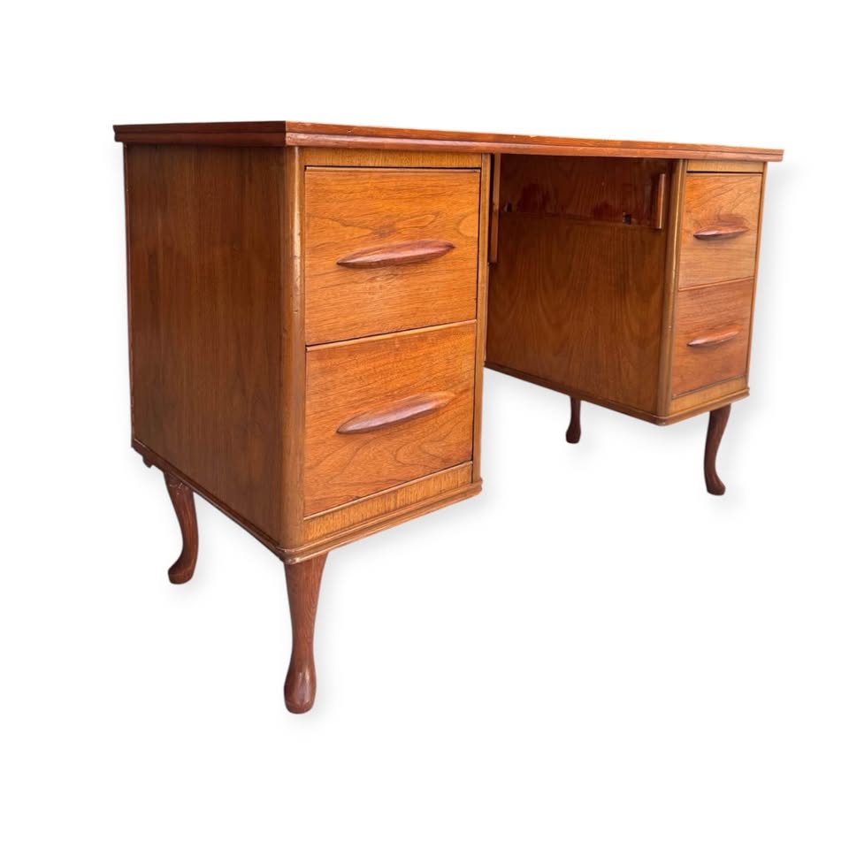 Vintage Mid Century 4-Drawer Walnut Double Pedestal Desk w/Hand Carved Sculptural Pulls &amp; Cabriole Feet
