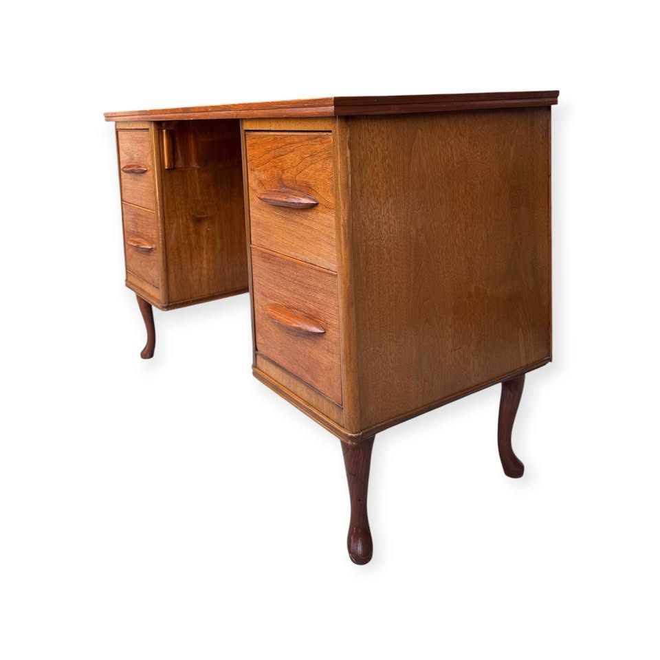 Vintage Mid Century 4-Drawer Walnut Double Pedestal Desk w/Hand Carved Sculptural Pulls &amp; Cabriole Feet