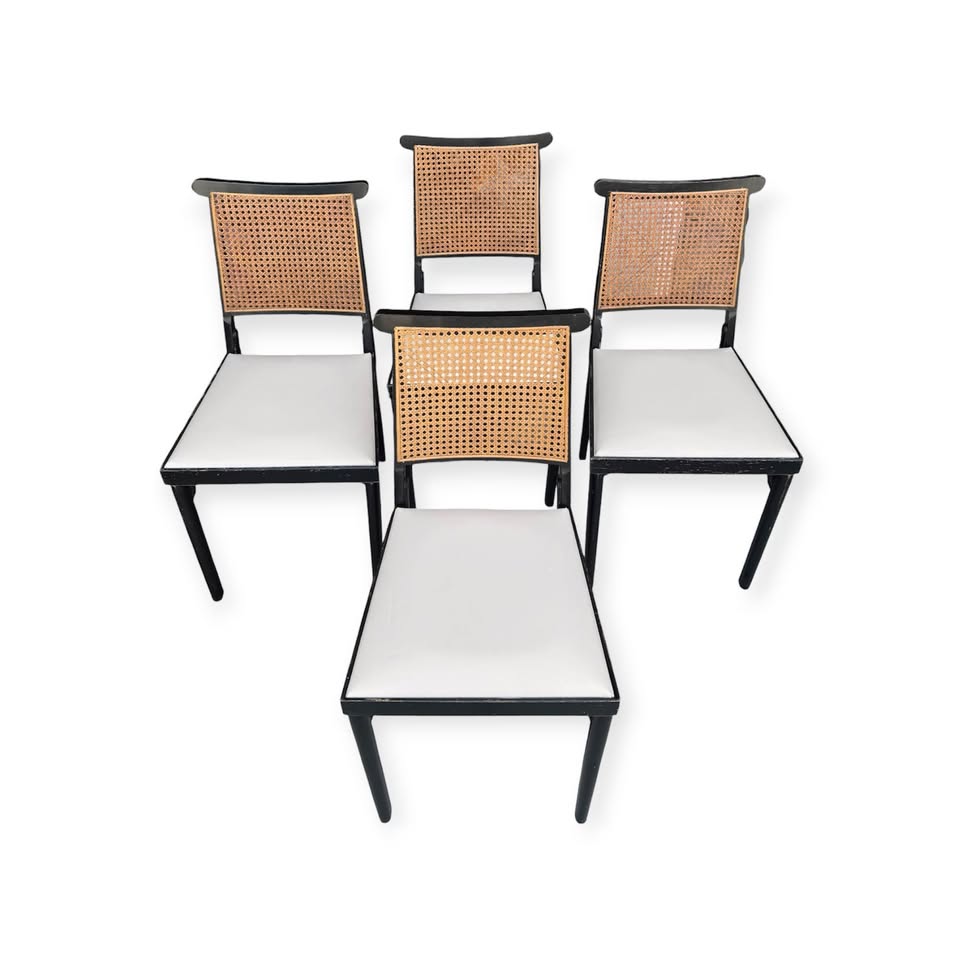 Vintage Mid Century 1963 5-Piece Folding Ebonized Wood &amp; Natural Cane Dining Set w/White Vinyl Upholstered Seats by Leg-O-Matic Chairs