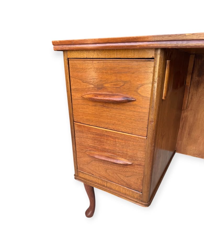 Vintage Mid Century 4-Drawer Walnut Double Pedestal Desk w/Hand Carved Sculptural Pulls &amp; Cabriole Feet
