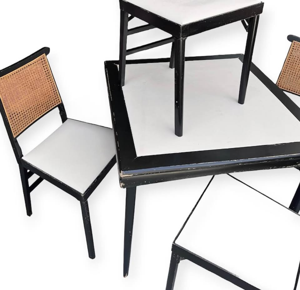 Vintage Mid Century 1963 5-Piece Folding Ebonized Wood &amp; Natural Cane Dining Set w/White Vinyl Upholstered Seats by Leg-O-Matic Chairs