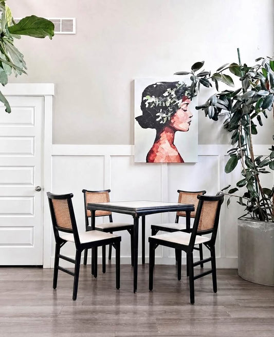 Vintage Mid Century 1963 5-Piece Folding Ebonized Wood &amp; Natural Cane Dining Set w/White Vinyl Upholstered Seats by Leg-O-Matic Chairs
