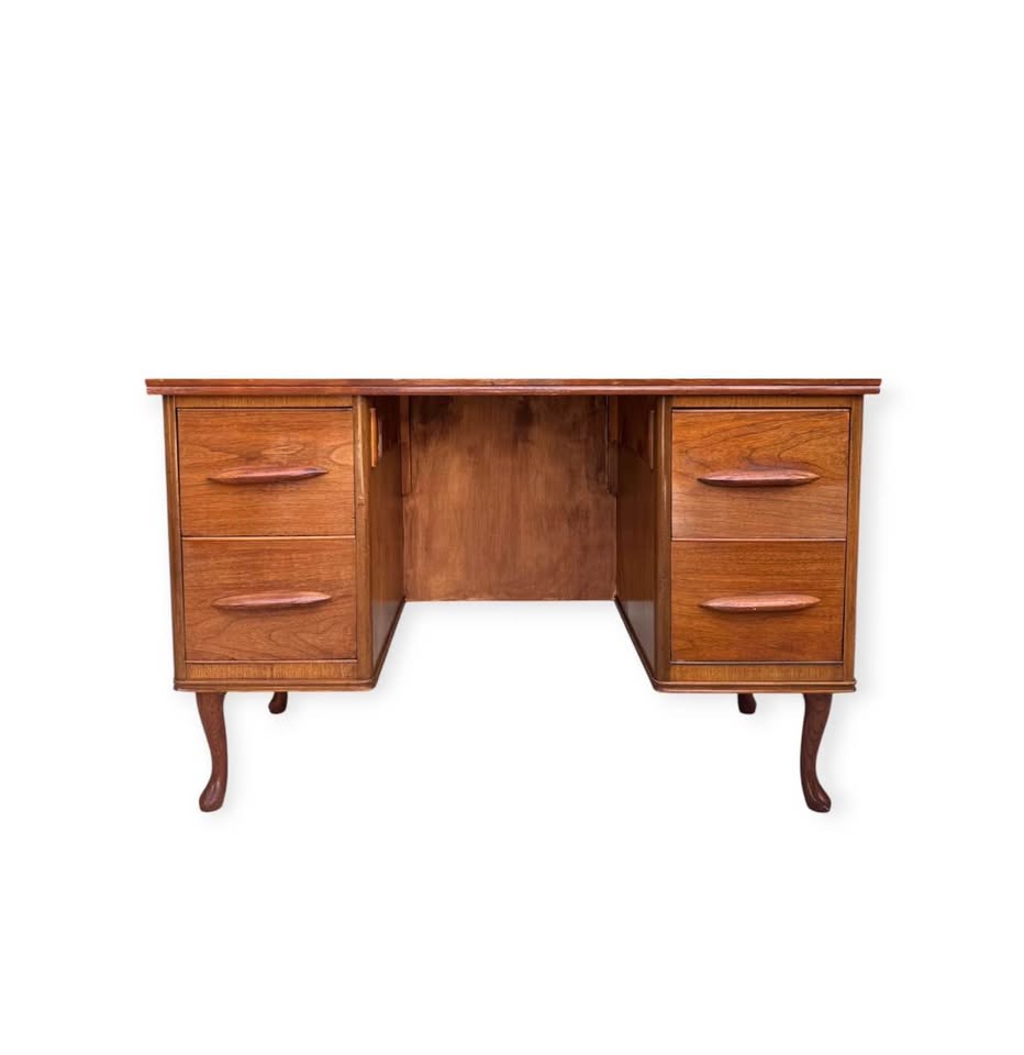 Vintage Mid Century 4-Drawer Walnut Double Pedestal Desk w/Hand Carved Sculptural Pulls &amp; Cabriole Feet