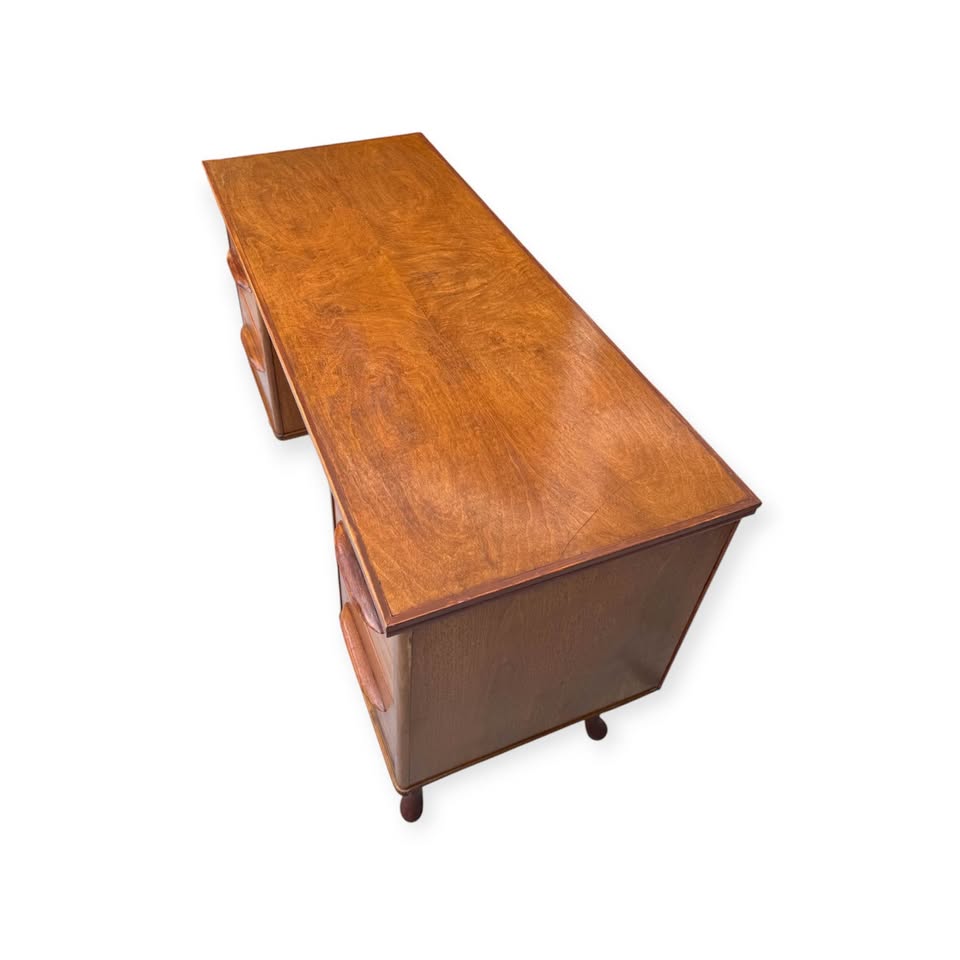 Vintage Mid Century 4-Drawer Walnut Double Pedestal Desk w/Hand Carved Sculptural Pulls &amp; Cabriole Feet