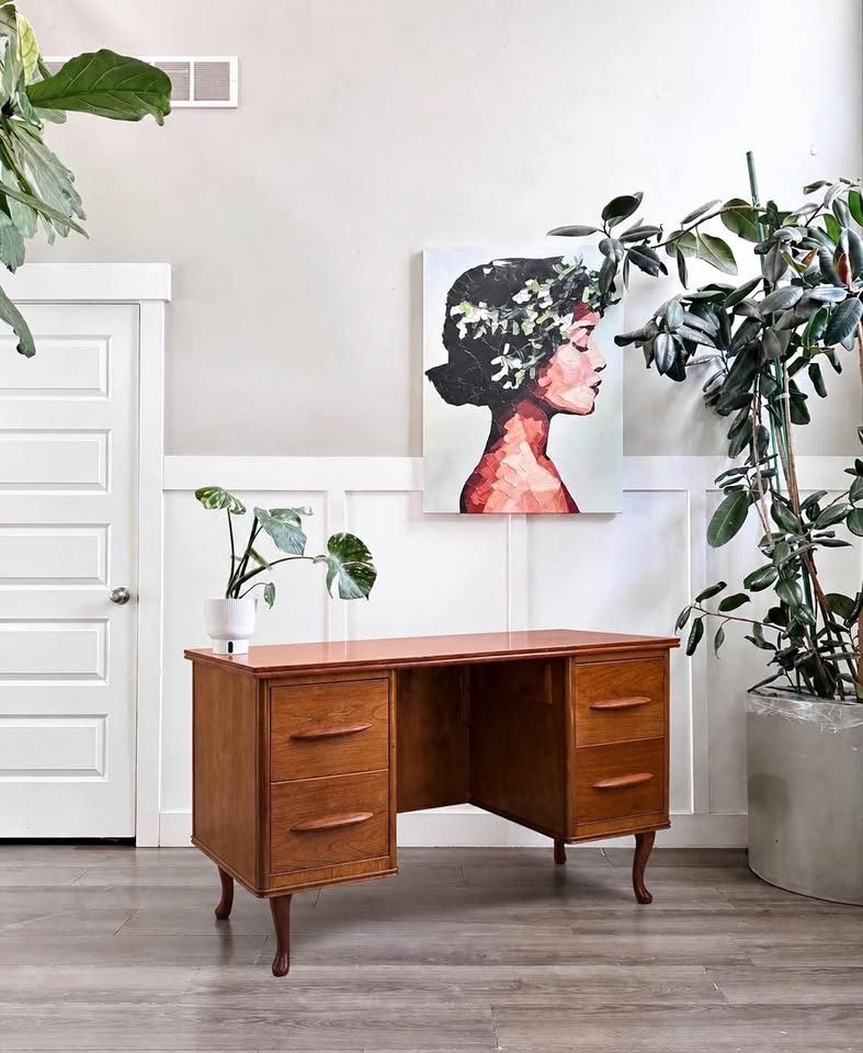 Vintage Mid Century 4-Drawer Walnut Double Pedestal Desk w/Hand Carved Sculptural Pulls &amp; Cabriole Feet