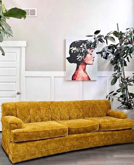 Vintage Mid Century Golden Yellow Tonal Velvet Floral Button Tufted Channel Back Sofa Couch
