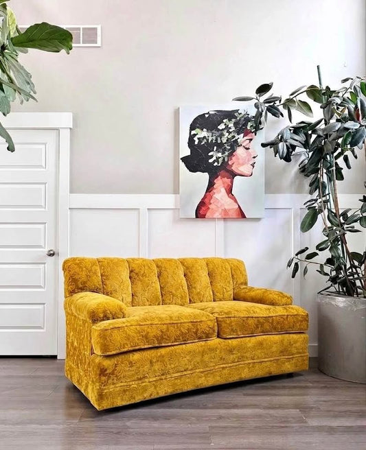 Vintage Mid Century Golden Yellow Tonal Velvet Floral Button Tufted Channel Back Loveseat Sofa Couch