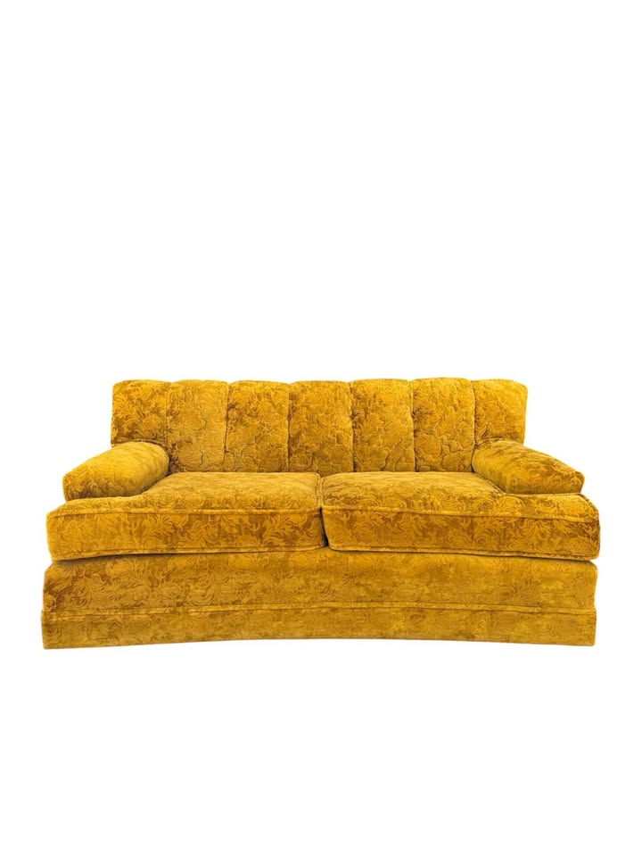 Vintage Mid Century Golden Yellow Tonal Velvet Floral Button Tufted Channel Back Loveseat Sofa Couch