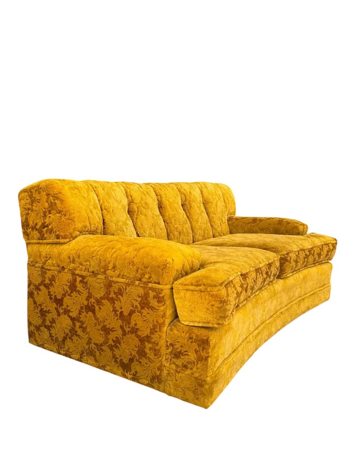 Vintage Mid Century Golden Yellow Tonal Velvet Floral Button Tufted Channel Back Loveseat Sofa Couch