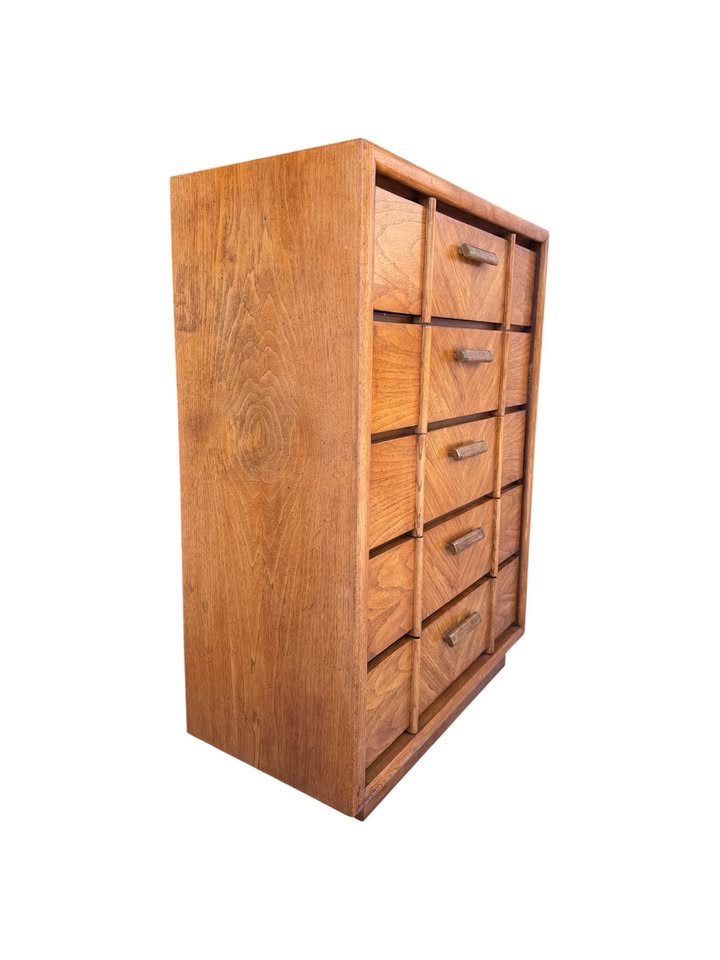 Vintage 5-Drawer Geometric Grain Parquet Oak Facade Dresser Credenza w/Plinth Base & Sculptural Hand