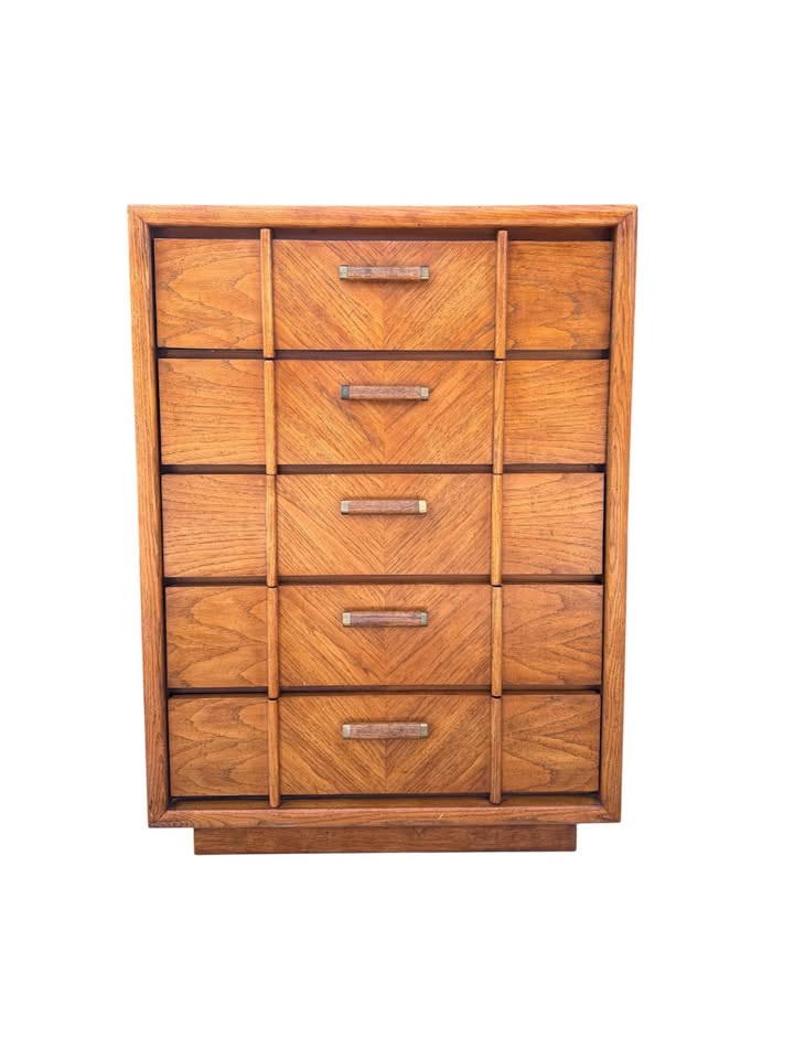 Vintage 5-Drawer Geometric Grain Parquet Oak Facade Dresser Credenza w/Plinth Base & Sculptural Hand