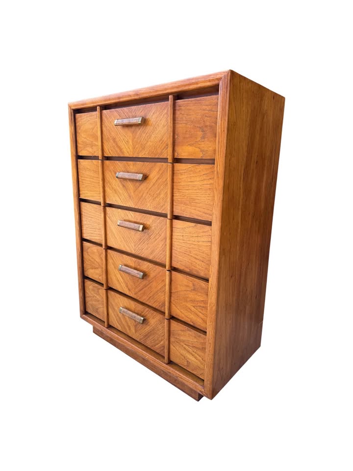 Vintage 5-Drawer Geometric Grain Parquet Oak Facade Dresser Credenza w/Plinth Base & Sculptural Hand