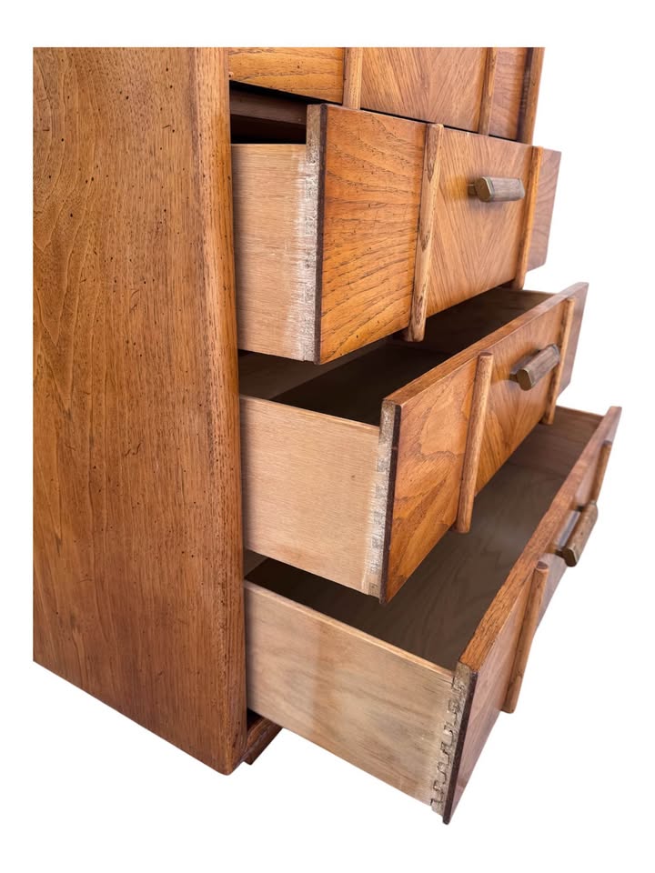 Vintage 5-Drawer Geometric Grain Parquet Oak Facade Dresser Credenza w/Plinth Base & Sculptural Hand
