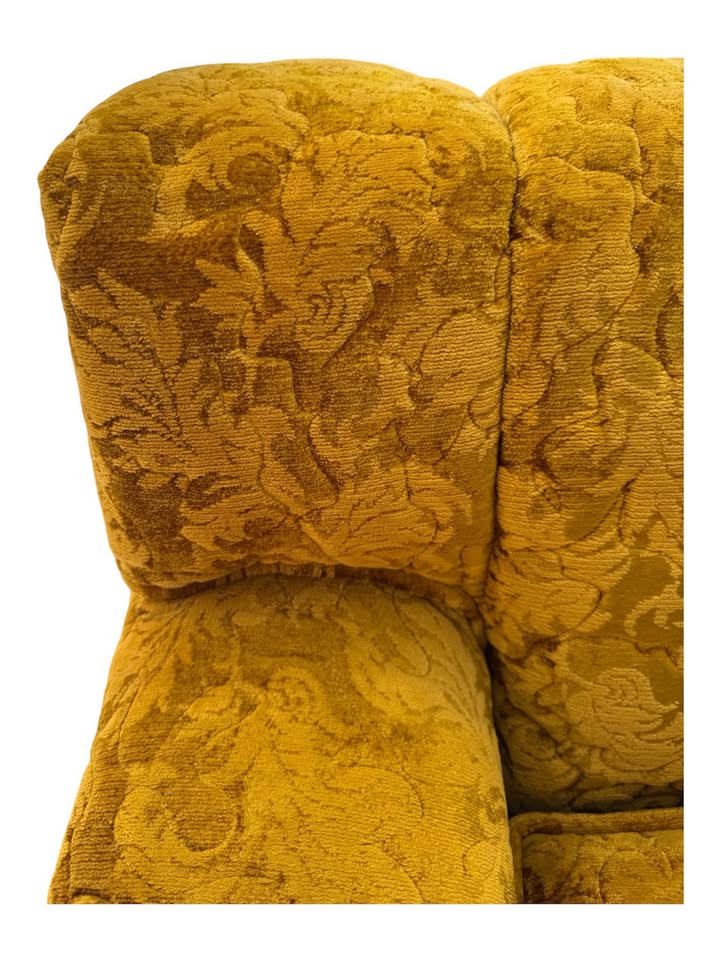 Vintage Mid Century Golden Yellow Tonal Velvet Floral Button Tufted Channel Back Loveseat Sofa Couch