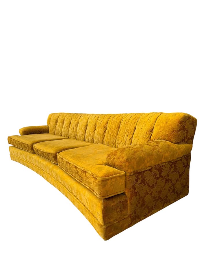 Vintage Mid Century Golden Yellow Tonal Velvet Floral Button Tufted Channel Back Sofa Couch