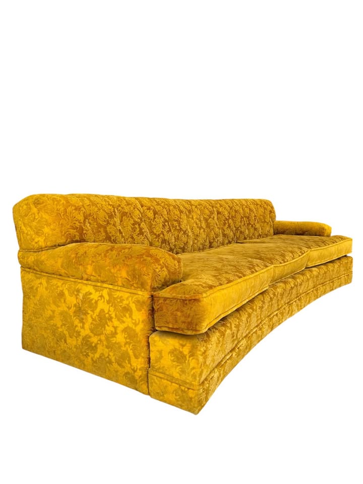 Vintage Mid Century Golden Yellow Tonal Velvet Floral Button Tufted Channel Back Sofa Couch