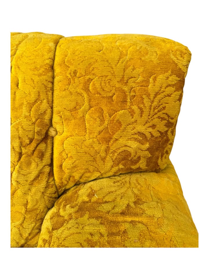 Vintage Mid Century Golden Yellow Tonal Velvet Floral Button Tufted Channel Back Sofa Couch