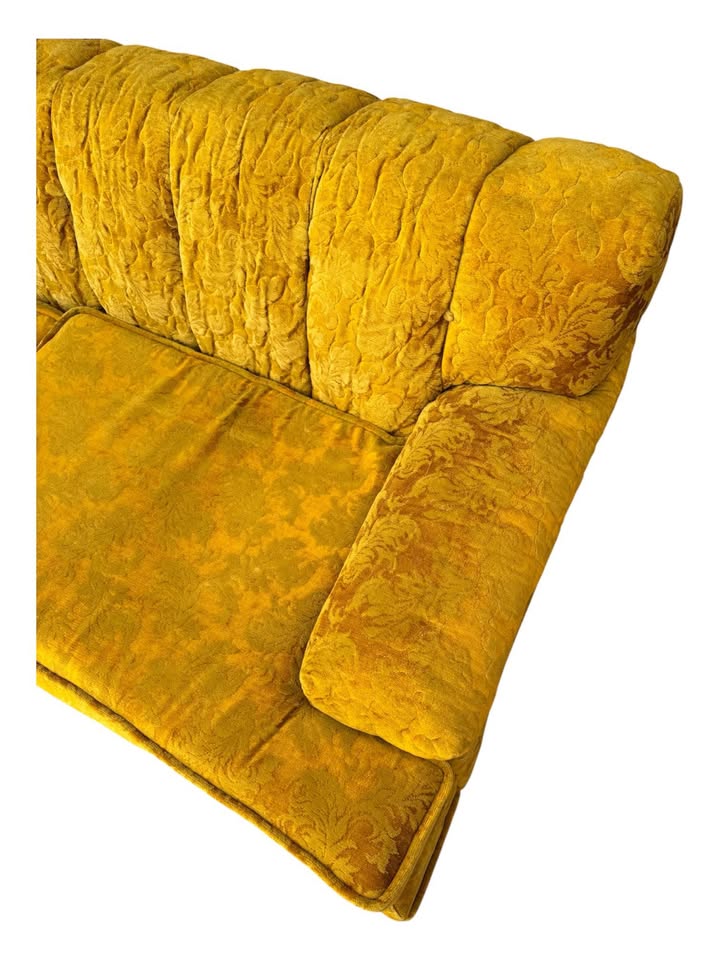 Vintage Mid Century Golden Yellow Tonal Velvet Floral Button Tufted Channel Back Sofa Couch